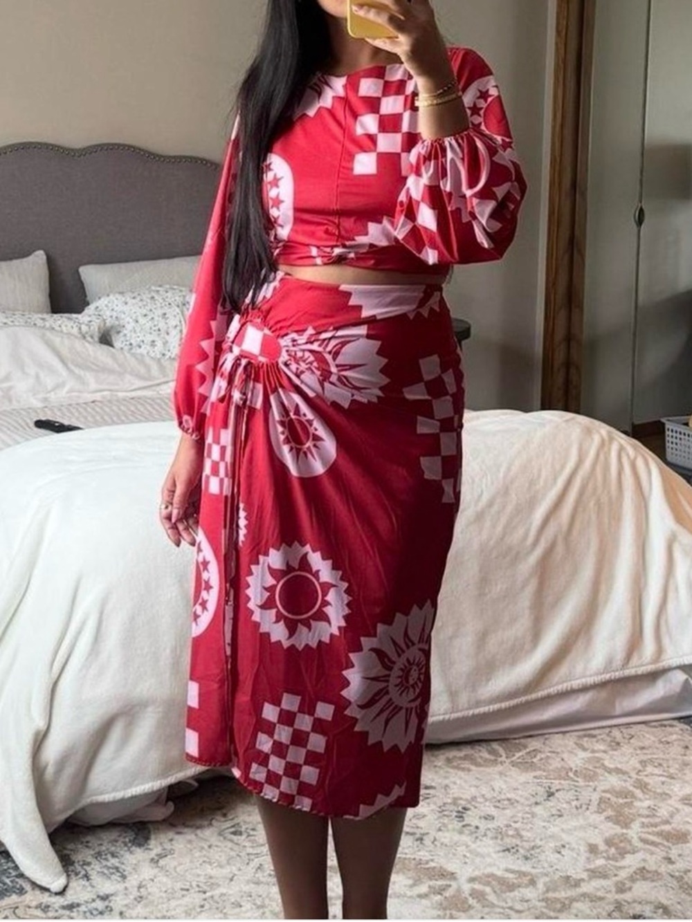 Lutua Red Printed Two-Piece Midi Skirt Set with Tie Detail